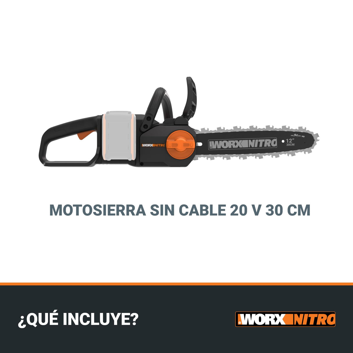 WORX WG350E.9 Nitro - Motosierra profesional con batería de 20 V, potente sierra para madera, 10 m/s, longitud de corte de 30 cm, compacta y segura, lubricación automática, tensión de cadena simple,