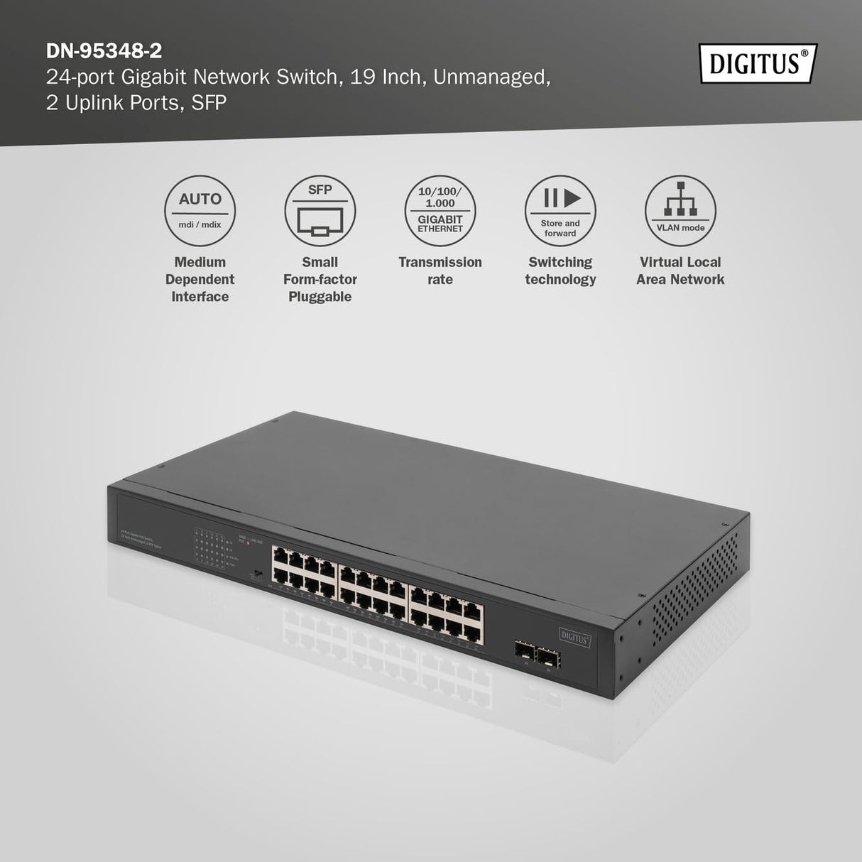 DIGITUS Conmutador de Red Ethernet PoE Gigabit de 24 Puertos - No gestionado - 24 Puertos RJ45 + 2 Puertos de Enlace Ascendente SFP - Presupuesto PoE de 370 W - Factor de Forma de 19 Pulgadas - Negro