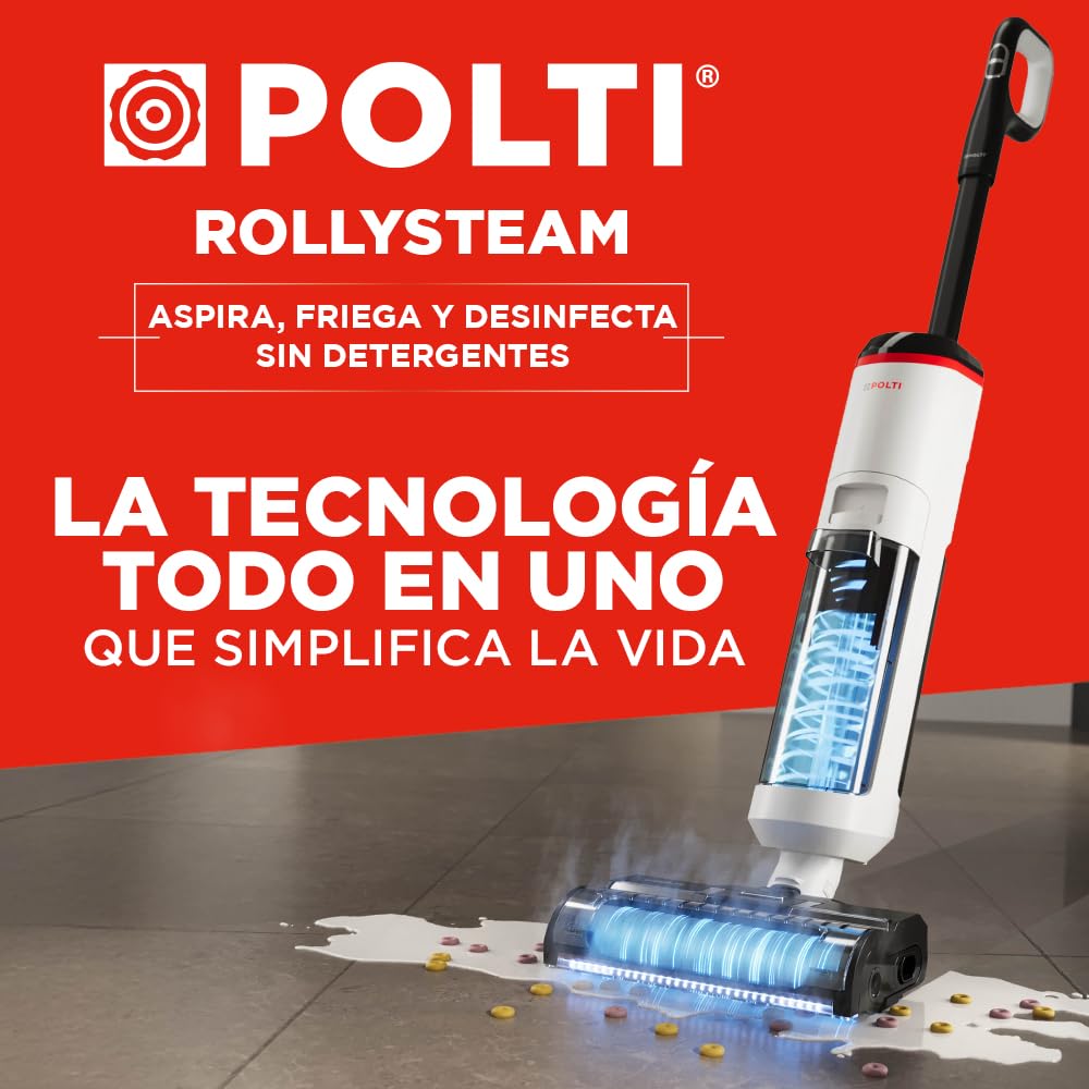 Polti Rollysteam WD50C Fregona de Suelos Sin Cable con Función de Vapor y Aspiración, 450 W, Limpieza Completa en una Sola Pasada, Autolimpieza, Blanco