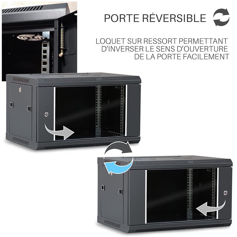 WAYTEX 37401 - Caja de Armario de Red de 19 Pulgadas, 6U – 600 x 450 x 368 mm – Montaje en Pared o Patas suministradas – Puerta de Cristal con Cerradura – Color Negro