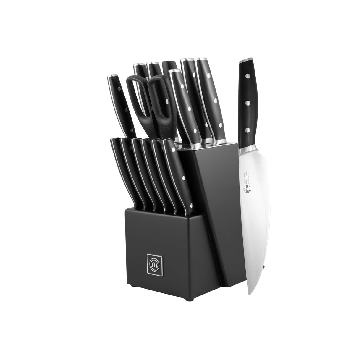 MasterChef Juego de Cuchillos de Cocina Profesional con Soporte, con Cuchillo Chef, Cebollero, Santoku, Pan, Chuleteros, Afilador y Tijeras, Acero Inox con Alto Carbono, Asas Triple Remache, 15 Piezas