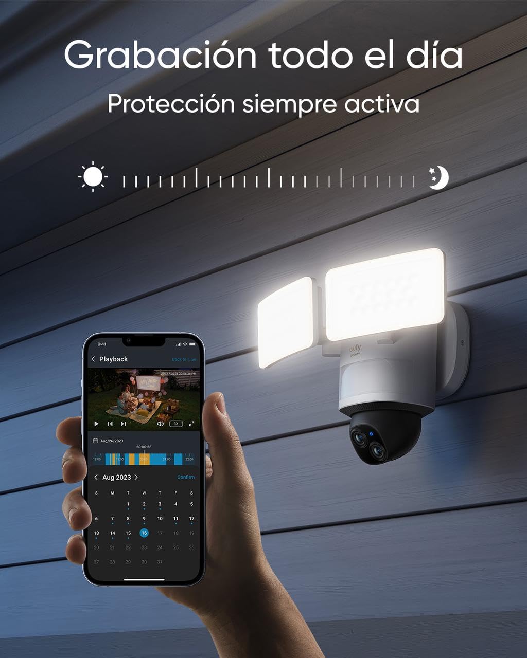eufy Security Floodlight Camera E340 con Cable, Giro de 360° e inclinación, grabación ininterrumpida, cámara Doble, Compatible con HomeBase 3, Almacenamiento Local, sin cuota mensual