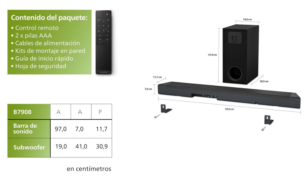 Philips TAB7908/10 Barra De Sonido 5.1.2 con Subwoofer Inalámbrico | 740W | Dolby Atmos | DTS Virtual:X | Sonido Envolvente | Roku TV EasyLink | Remoto | Soporte De Pared | Negro