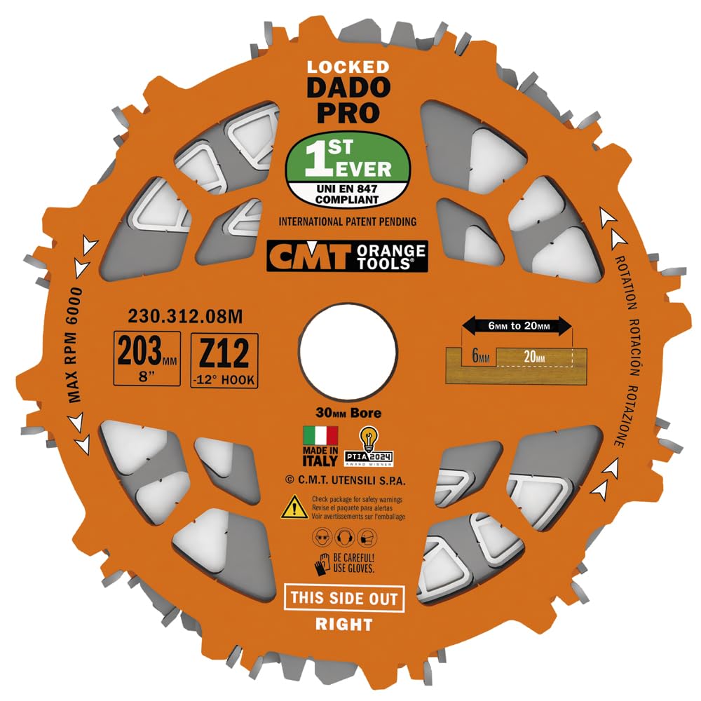 CMT 230.312.08M Juego de cuchillas encastradas (Dado 8in) HW D=203 B=30 Z12 FTGATB PTFE, Naranja.