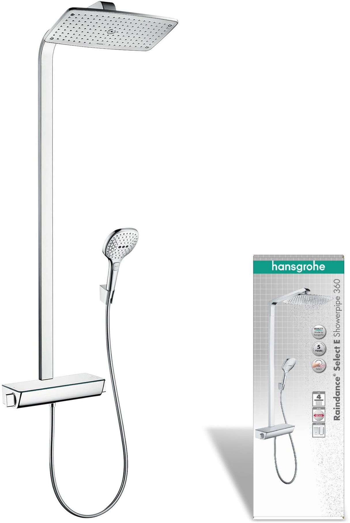 hansgrohe Raindance E - sistema de ducha con termostato, ducha lluvia (360 x 190 mm) con grifo, ducha de mano (2 tipos de chorro), flexo, barra, ducha fija rectangular, cromo, 27112000