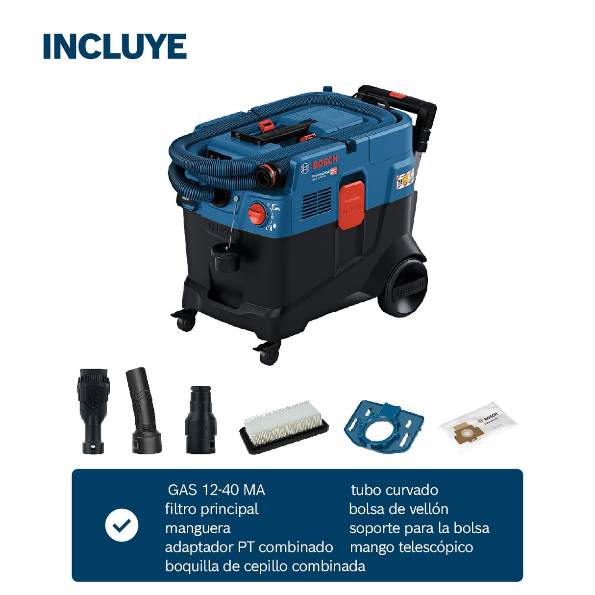 Bosch Professional aspirador universal GAS 12-40 MA (1200 W, limpieza automática del filtro (AFC), con filtro principal, manguera, adaptador PT combinado, boquilla de cepillo combinada)