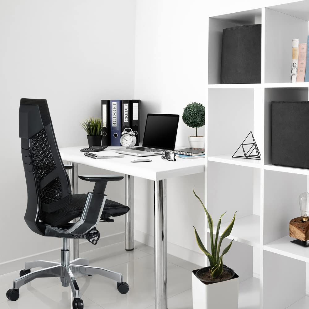hjh OFFICE 652601 Silla de Oficina GENIDIA Tejido de Malla Negro, Silla giratoria ergonómica, Respaldo Ajustable