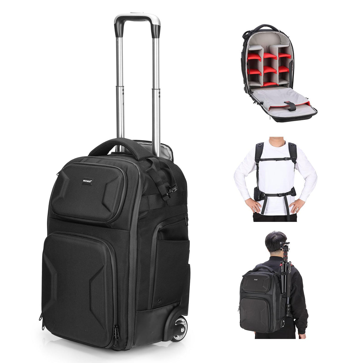 NEEWER 2 en 1 Mochila con Ruedas para Cámara con Divisor Prueba de Golpe,Asa Retráctil, Cinturilla, Funda para Lluvia, Mochila de Mano para Cámara, Trípode, Flash, Lente, Portátil, Color Negro, PB027