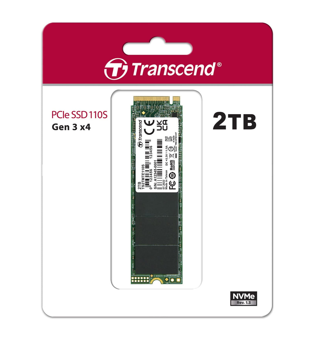 Transcend 2TB MTE110S NVMe PCIe Gen3 x4 M.2 2280 Disco de Estado Sólido Interno 3D TLC NAND TS2TMTE110S