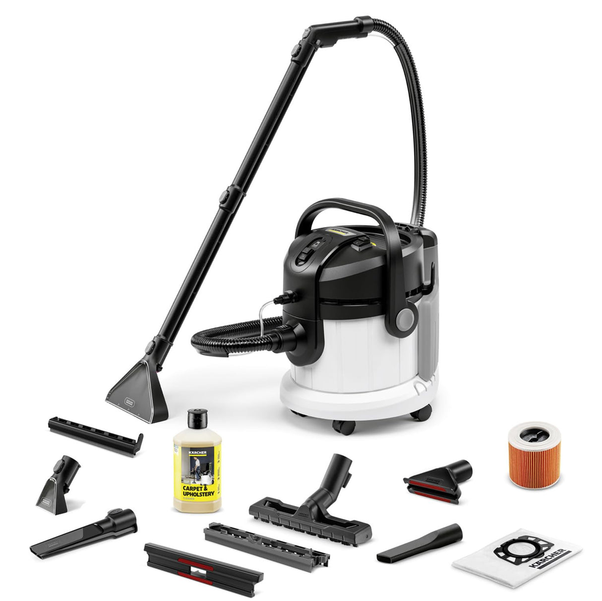 Kärcher Lava-aspiradora SE 4 Plus, Manguera de aspiración con pulverizador, depósitos de 4 l, boquillas de Lavado para alfombras, tapicerías, Suelos y Ranuras, con Accesorios para Suelos Duros
