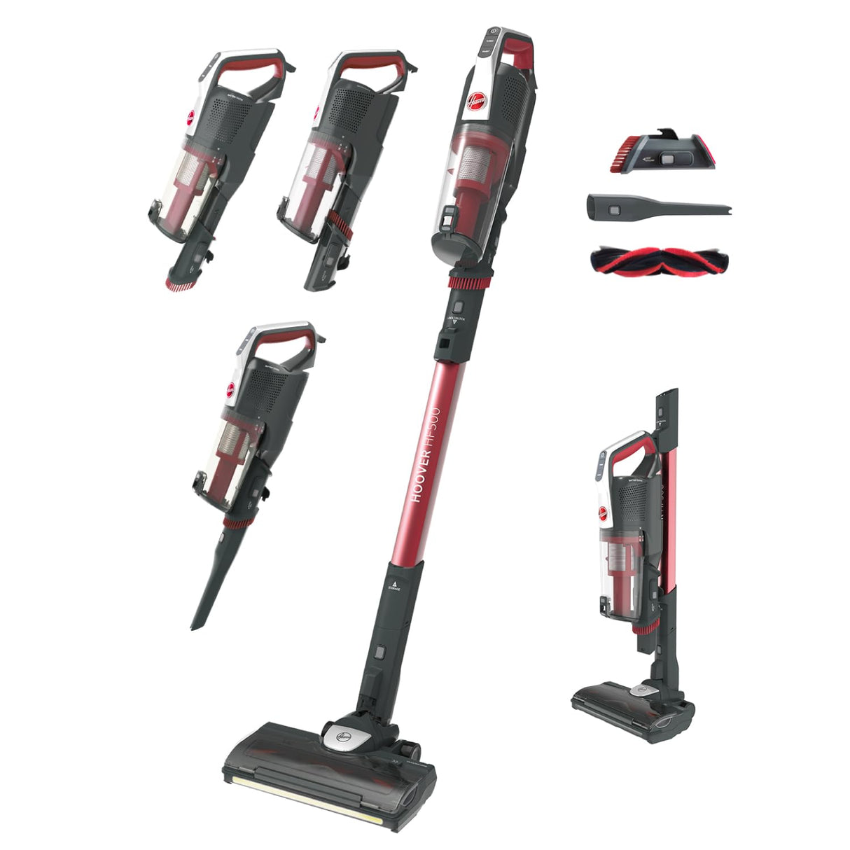 Hoover HF500 Plus Home HF522STH Aspiradora Escoba sin Cable, Accesorio 2 en 1, 45 min, Carga ultrarápida 2.5h, 15500 Pa, Dual led localizador de Polvo, Color Rojo
