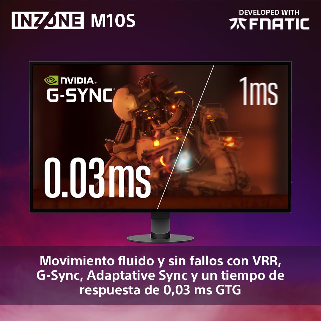 Sony INZONE M10S Monitor Gaming 27": 1440p, 480Hz, 0,03ms GTG, DCI-P3 98,5%, G-Sync, Adaptive Sync, VRR, Modelo desarrollado con Fnatic, 1.300 nits, DisplayPort 2.1-2 x HDMI 2.1 PC y PS5