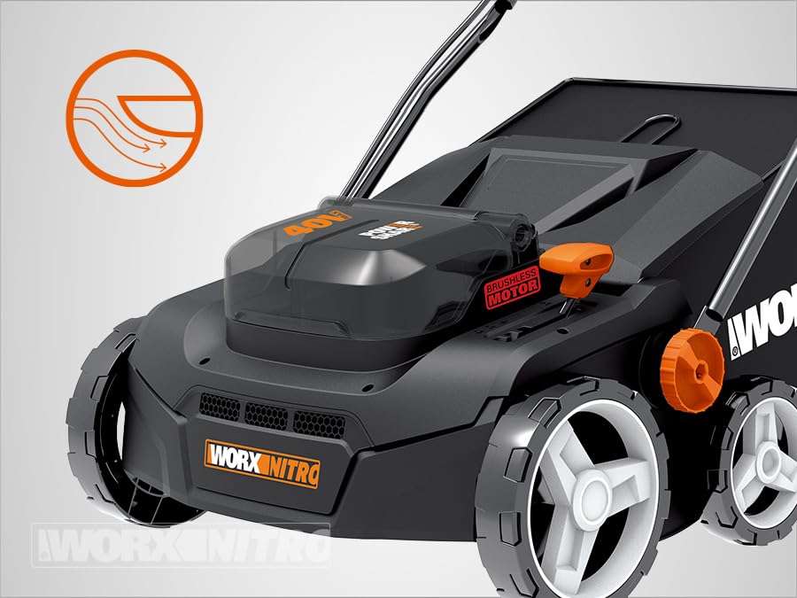 WORX Nitro WG855E.9 - Escarificador de batería y aireador de césped (hasta 400 ㎡, Ancho de Trabajo de 36 cm, Motor sin escobillas, 4 Niveles de Ajuste de Altura, Incluye Bolsa de Hierba de 40 L, sin