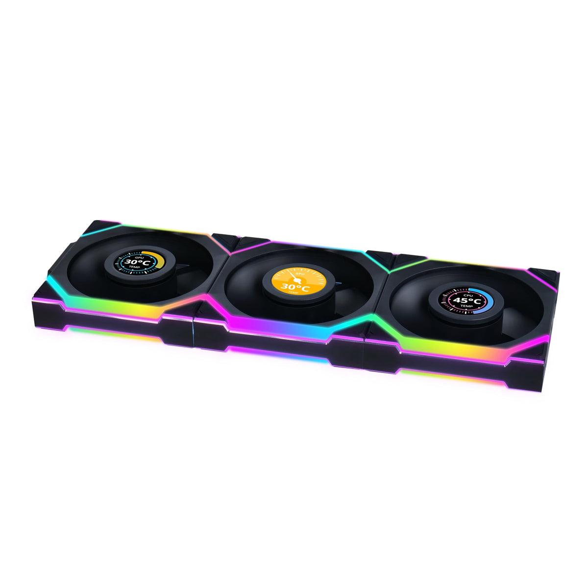 Lian Li UNI FAN SL-INF - Paquete de 3 ventiladores de refrigeración inalámbricos RGB PWM de 120 mm con pantalla LCD, color negro, rendimiento y estética sin costuras, tecnología PWM silenciosa
