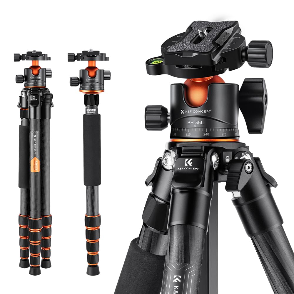 K&F CONCEPT Trípode Cámara de Carbono Compacto con Rótula de Bola 360°Compatible con Cámara DSLR, Carga Máxima: 15KG (A255C2+BH-36L)