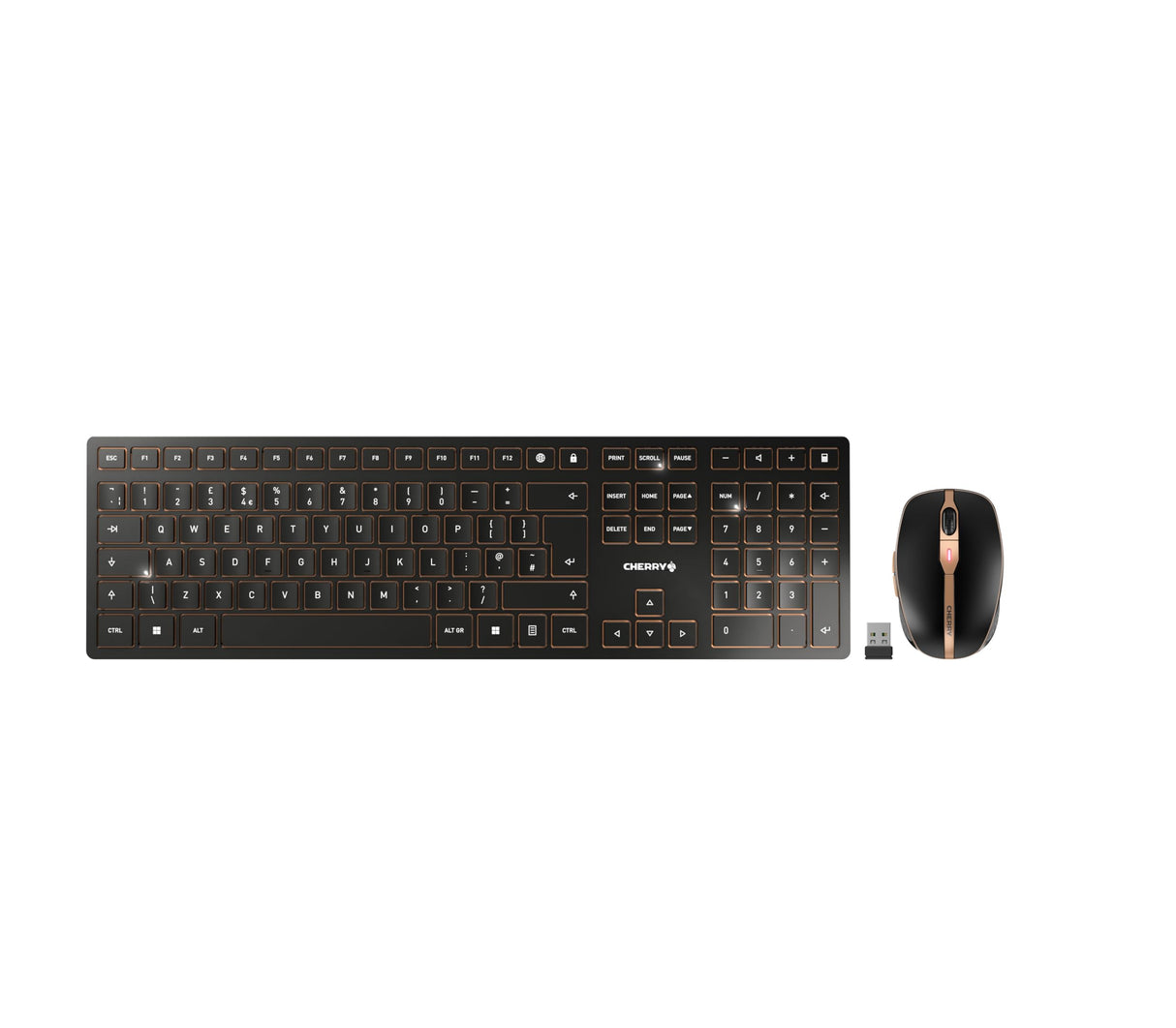 CHERRY DW 9100 SLIM, Pack de Teclado y Ratón Inalámbricos, Distribución de Teclado Inglés UK (QWERTY), Bluetooth y Radiofrecuencia de 2,4 GHz, Teclas Silenciosas, Recargable, Negro/Bronce