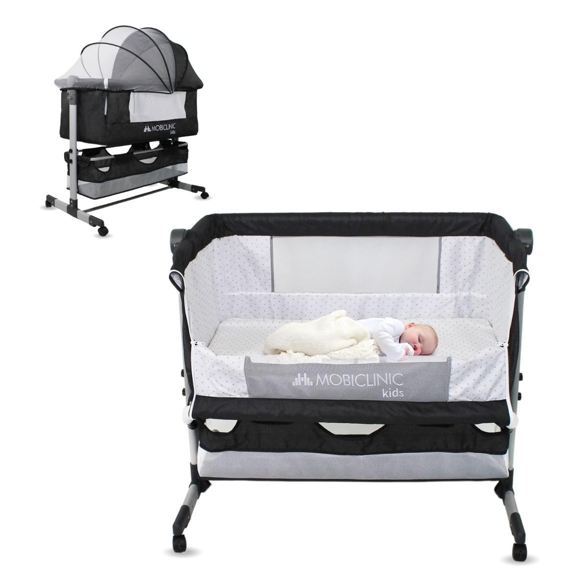 Mobiclinic®, Cuna 3 en 1, Night, Altura Ajustable, Colchón, Mosquitera, Ruedas 360º, Correas de Sujeción, Cesta de Almacenamiento, hasta 20 kg, Negro