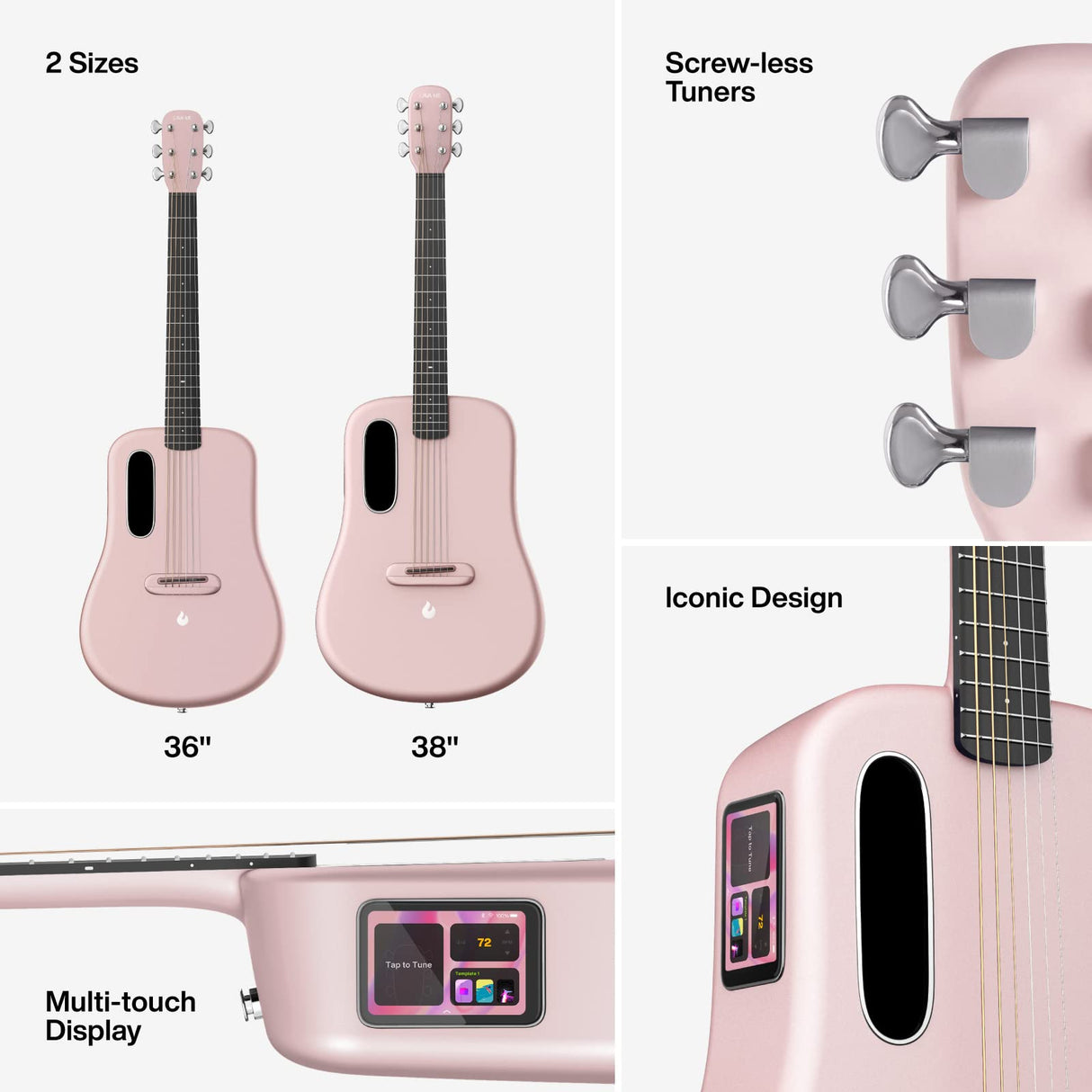 LAVA ME 3 Smart Guitarra con Bolsa espacial, Guitarras electroacústicas 36'' Fibra de carbón, Rosa