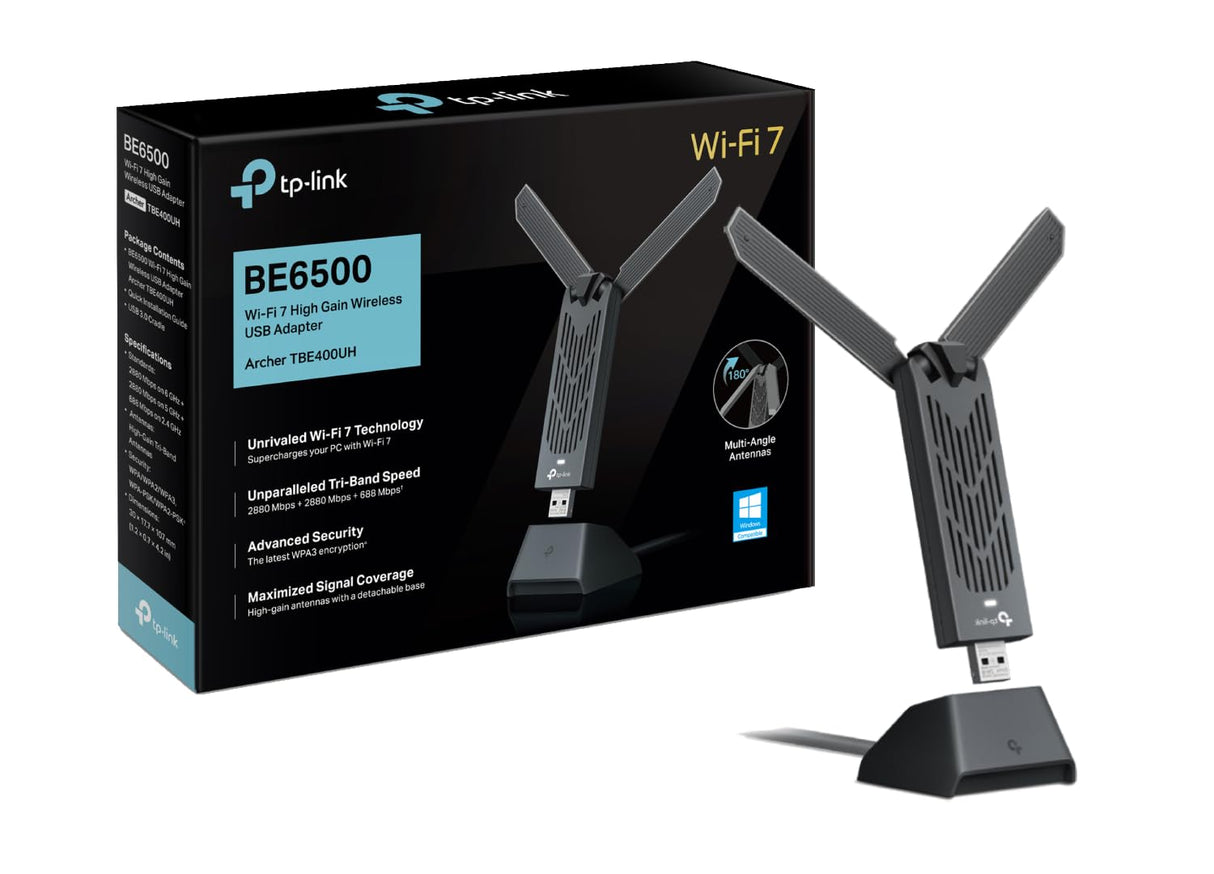 TP-Link Archer TBE400UH - Adaptador USB WiFi 7 BE6500Mbps, Tri-Banda (6GHz/5GHz/2.4GHz), MLO, MU-MIMO, OFDMA, USB 3.0, Seguridad WPA3, Plug & Play, Base para Escritorio, Compatible con Windows 11
