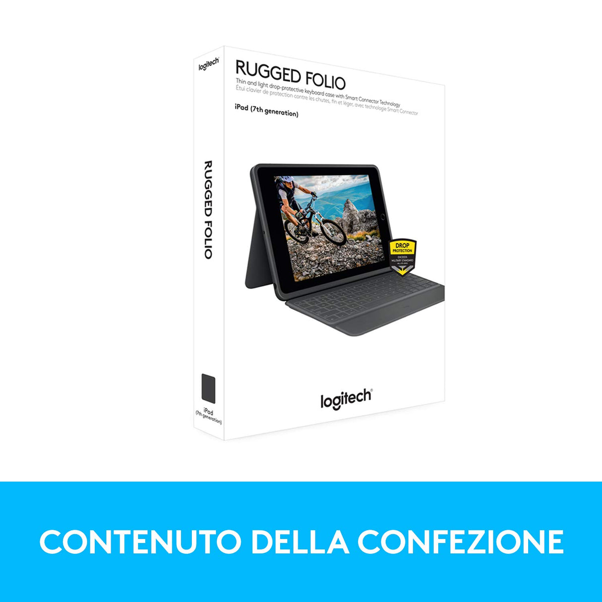 Logitech Rugged Folio para iPad (7.ª, 8.ª y 9.ª generación) Funda con teclado protectora, Disposición QWERTY Italiano - Negro