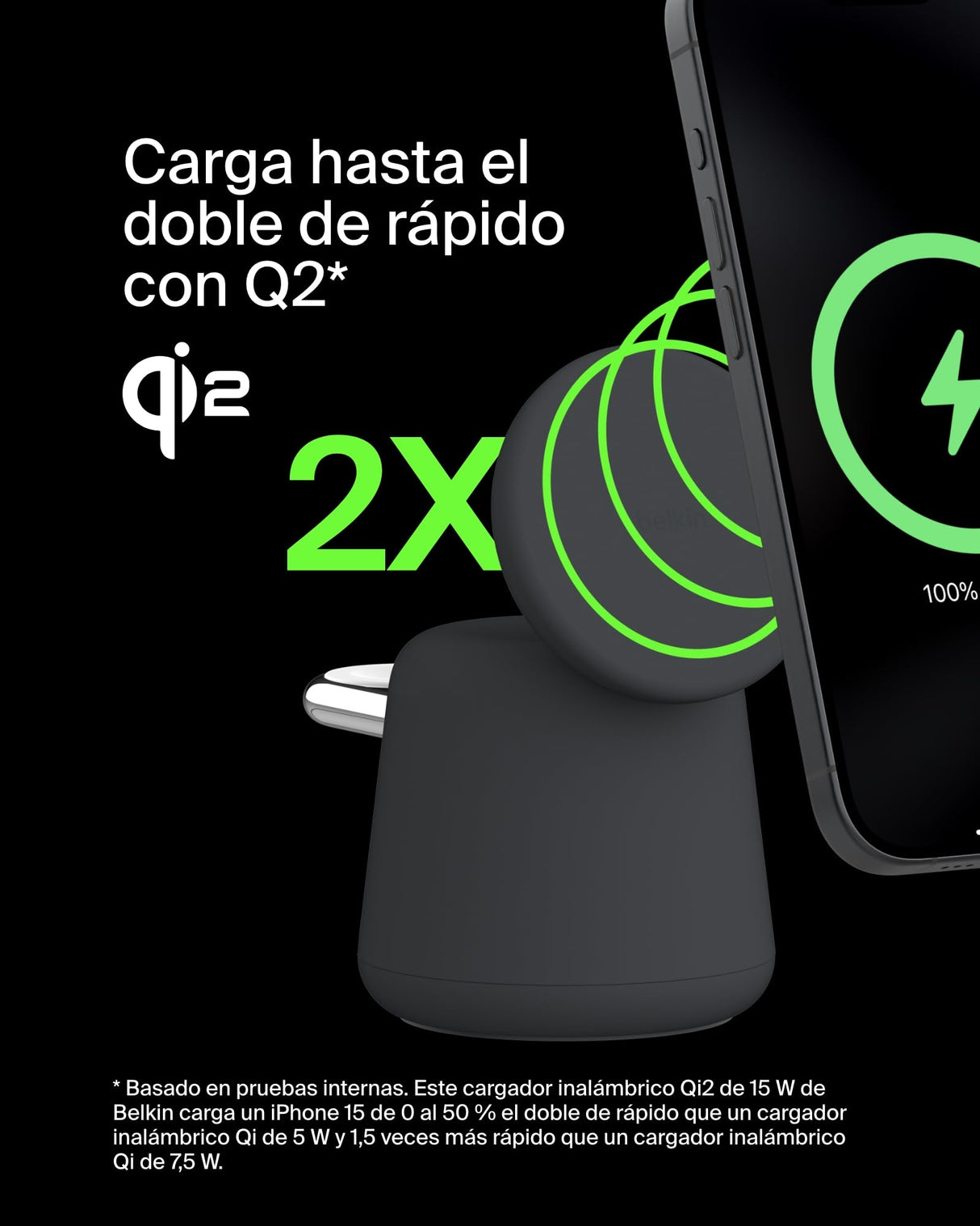 Belkin BoostCharge Pro Cargador inalámbrico 2 en 1 con Qi2 de 15 W, estación de Carga con MagSafe para iPhone Series 16, 15, 14, 13 y 12, Apple Watch, AirPods y Otros, Fuente de alimentación, Negro