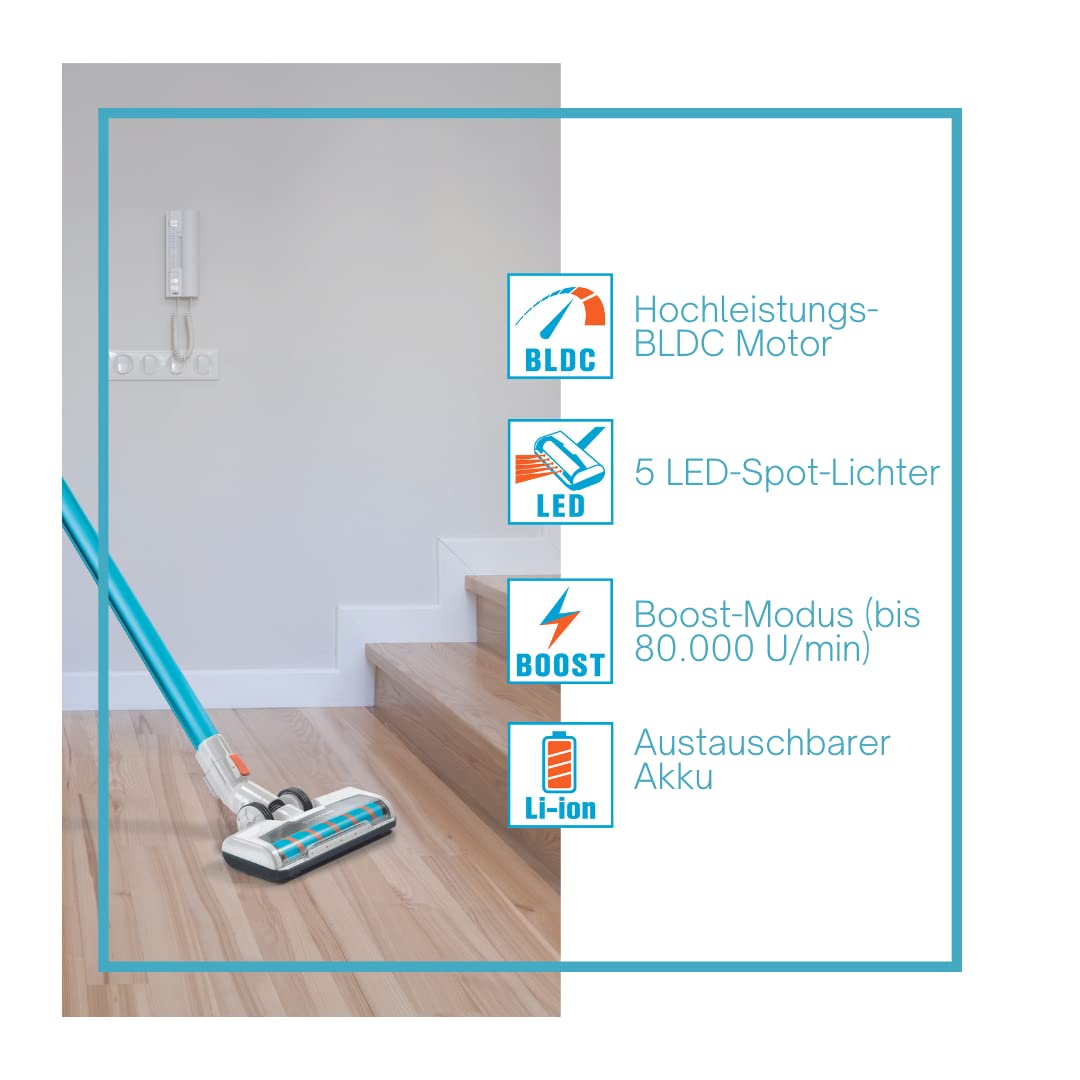 Genius Invictus X7 - Aspirador inalámbrico 2 en 1 (13 Piezas) con Potencia de succión de 380 W y Luces LED integradas, batería de Iones de Litio (30 min), Color Blanco y Azul