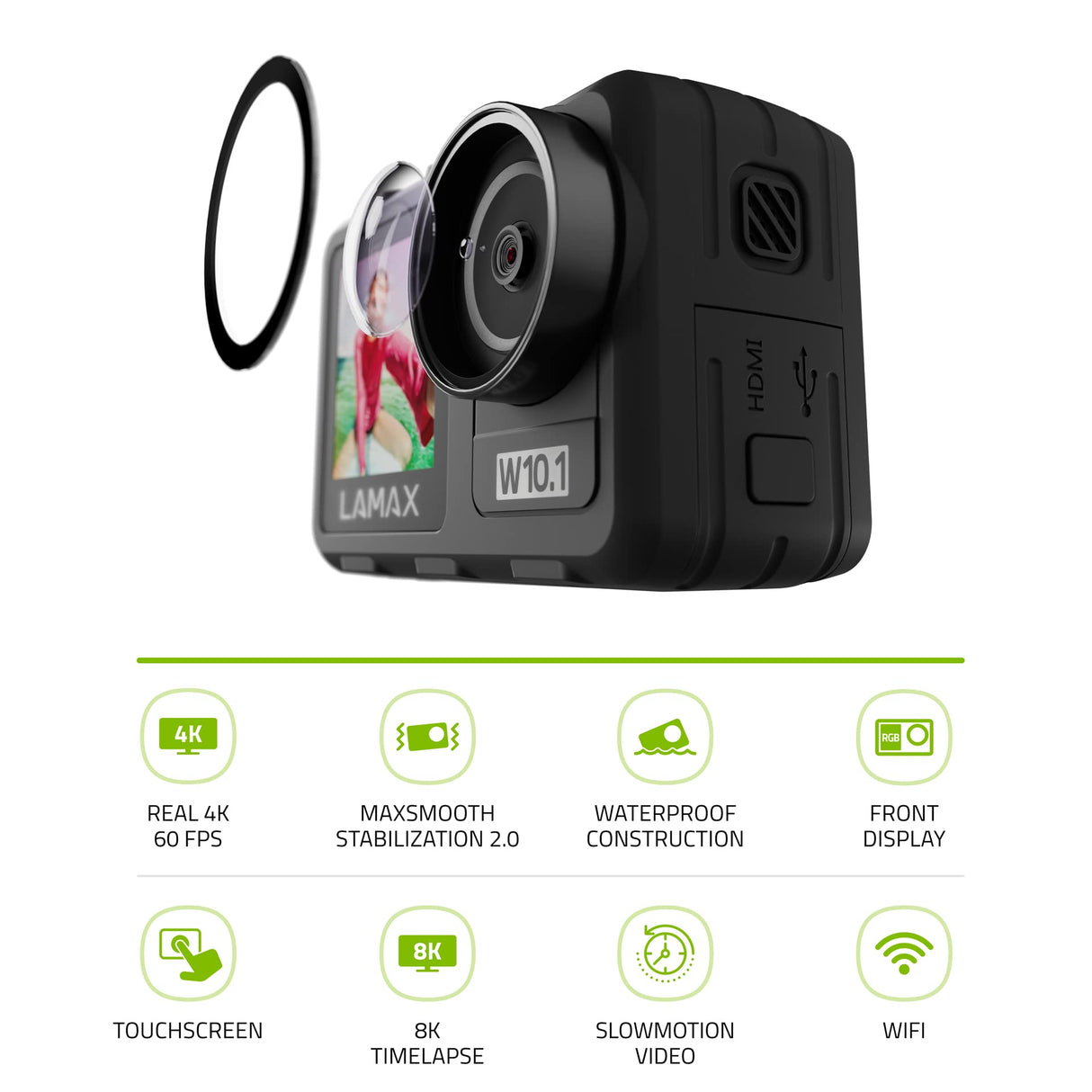 LAMAX W10.1 Real 4K 60 fps Action CAM con estabilización MAXsmooth 2.0, cámara subacuática, videocámara con Doble Pantalla, Accesorios completos, Wi-Fi, vídeo a cámara Lenta, lapso de Tiempo, Modo de