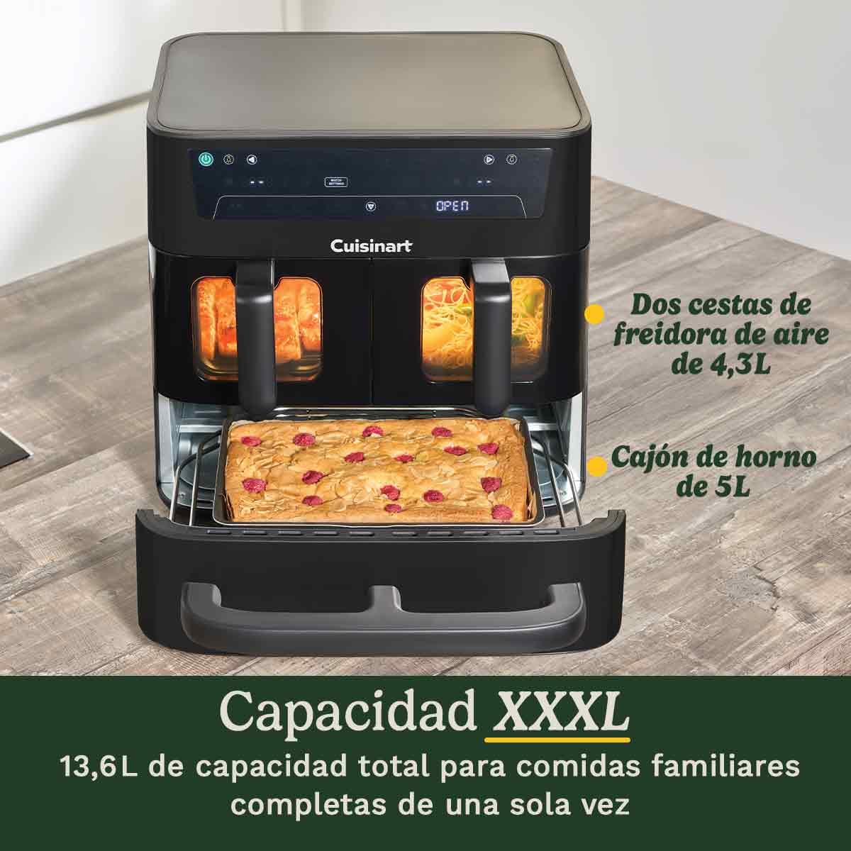 Cuisinart Tri Zone Freidora y Horno 13,6 L | Sin PFAS | 3 zonas, 2x4,3 L + 5 L | 9 funciones: aire, asar, grillar, hornear, recalentar, deshidratar, pizza, tostar, manual | Negro Ventana