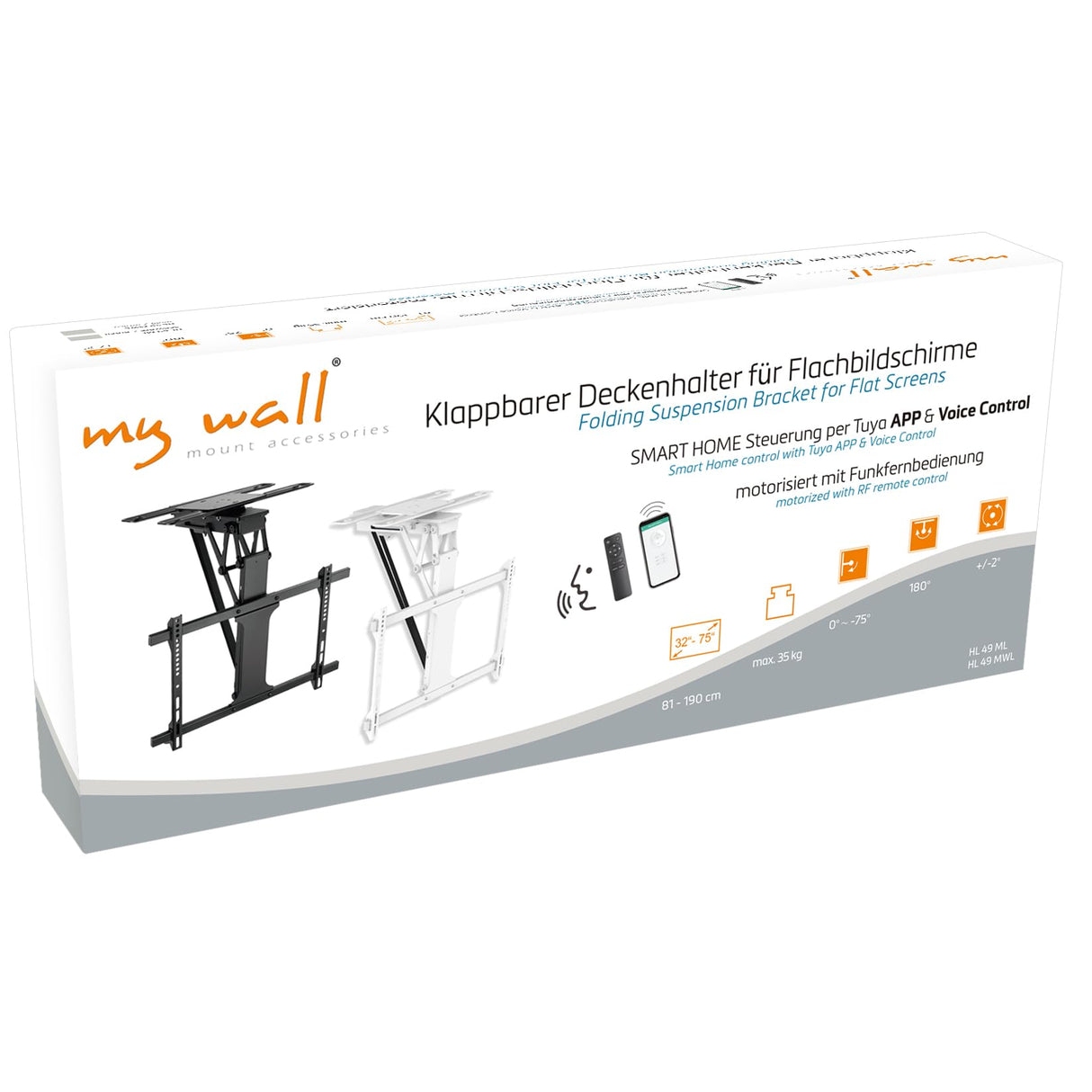 my wall Soporte de techo motorizado para TV - HL49MWL, Smart Home, compatible con Alexa y Google Home, control por voz, soporte de techo eléctrico, plegable, giratorio, mando a distancia o control por