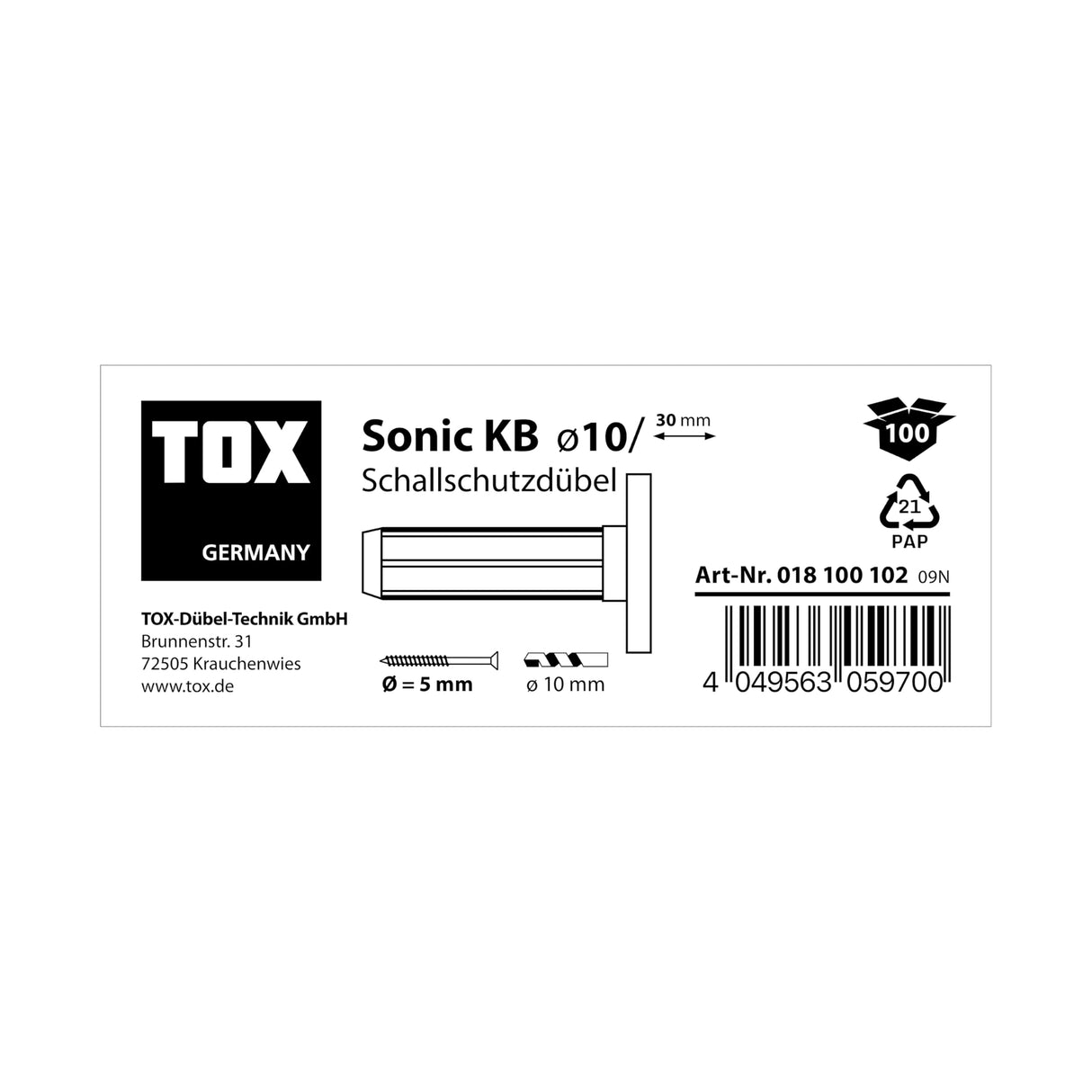 TOX tacos insonorizantes con collar Sonic KB 10/30, tacos insonorizantes con revestimiento de goma, para subestructuras y construcciones insonorizantes, 100 unidades por caja, 018100102