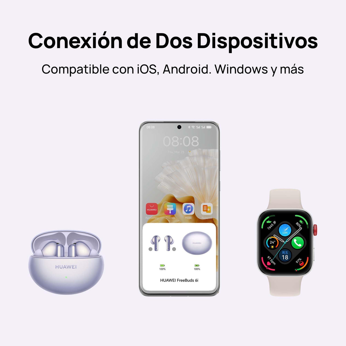HUAWEI FreeBuds 6i, Cancelación Activa de Ruido 3.0 Inteligente, Bajos Impactantes, Carga Rápida, 35 Horas de batería, Bluetooth 5.3, Grado de Protección IP54 contra el Polvo y el Agua, Morado