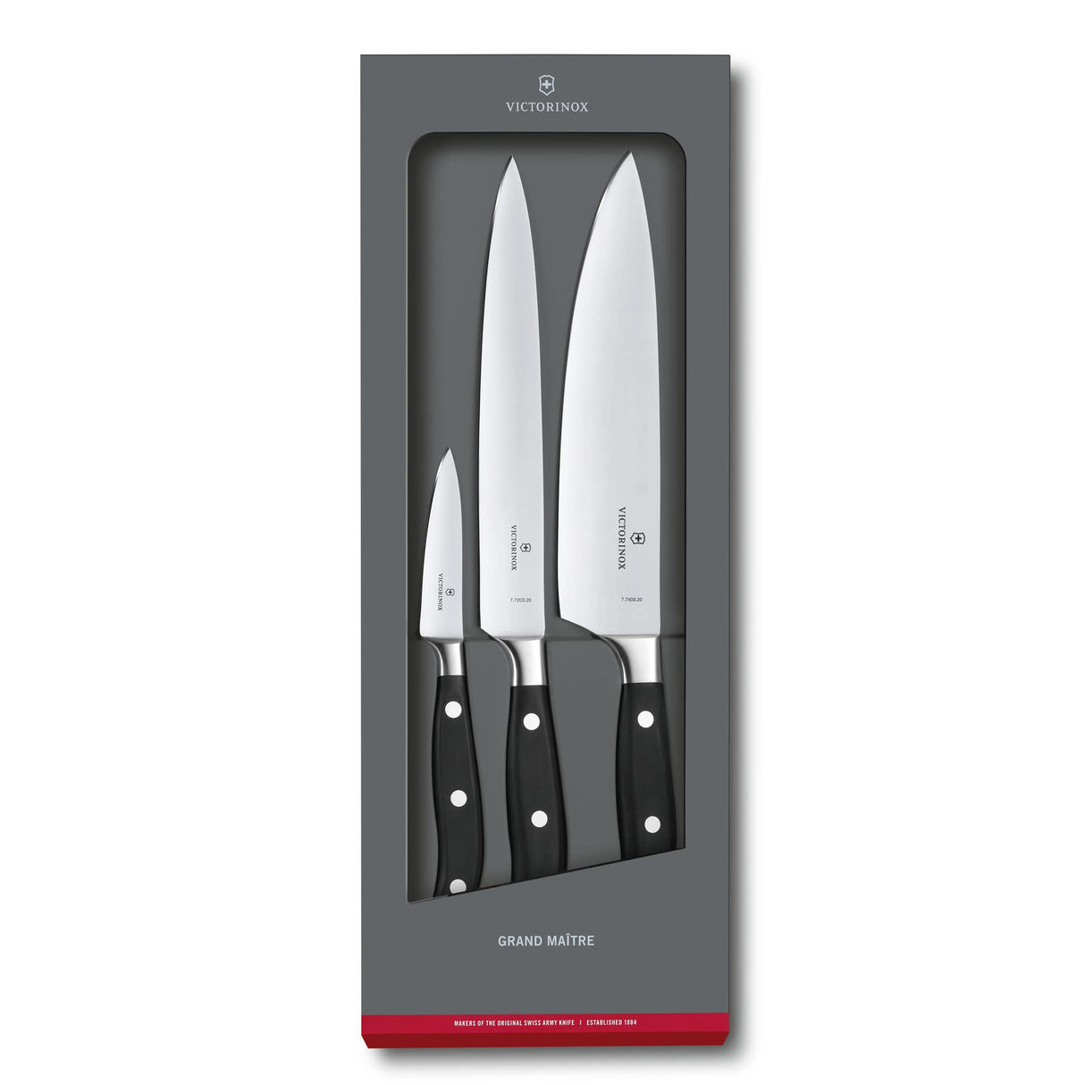 Victorinox Grand Maître, set de cocina profesional, 3 piezas, afilado recto, extra afilado, mango de plástico robusto, negro