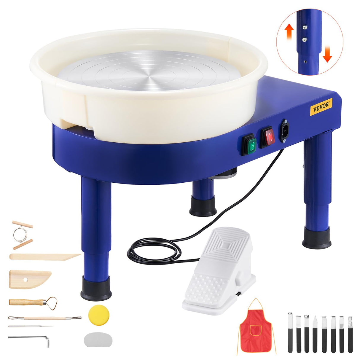 VEVOR Torno de Cerámica de 35 cm, Máquina Formadora de Ruedas de Cerámica con Pedal Ajustable de 60 a 300 RPM, Pata de Elevación Ajustable, Cuenco Desmontable para Manualidades, Bricolaje, Azul