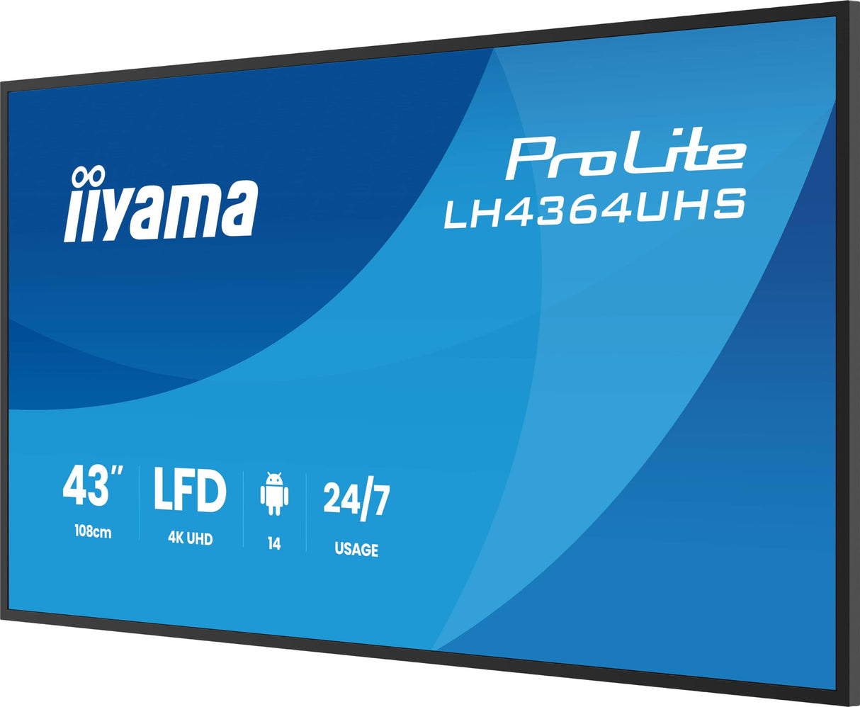 iiyama Prolite LH4364UHS-B1AG 108 cm 43" Digital Signage Display VA LED Panel 4K UHD HDMI USB-C USB2.0 RS-232c RJ45 Android 14 OS iiSignage² WiFi Mediaplayer 24/7 AntiGlare Negro