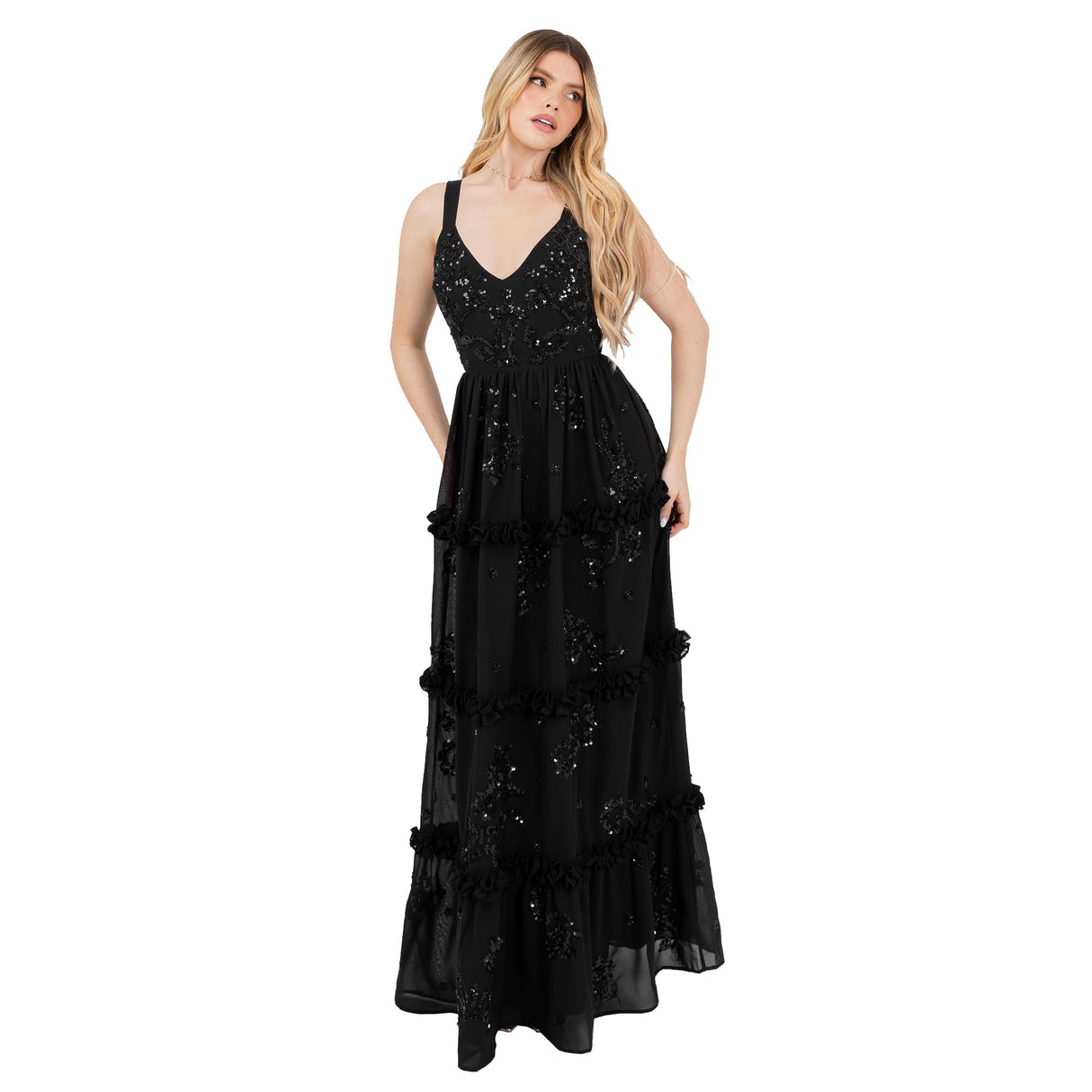 Maya Deluxe Women's Maxi Dress Ladies Sleeveless V-Neck Sequin Embellished Floral Ruffle Chiffon A-Line Open Back Tie Prom Ball Gown, Black, 42