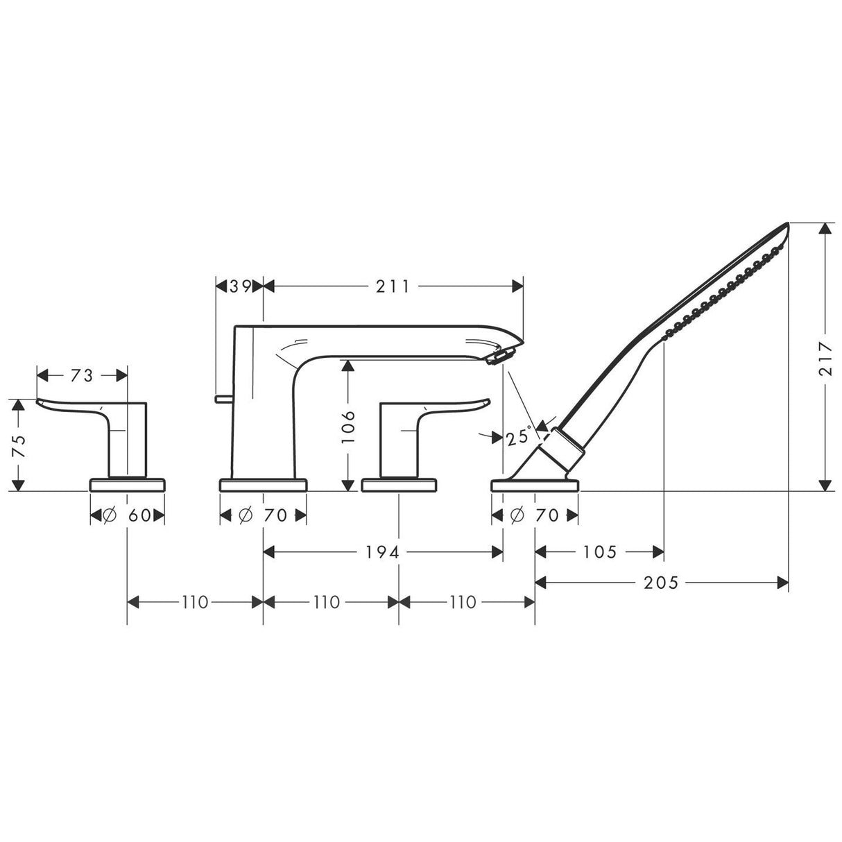 Hansgrohe 31442000 Metris Grifo de 4 Agujeros para Borde de bañera, Plata