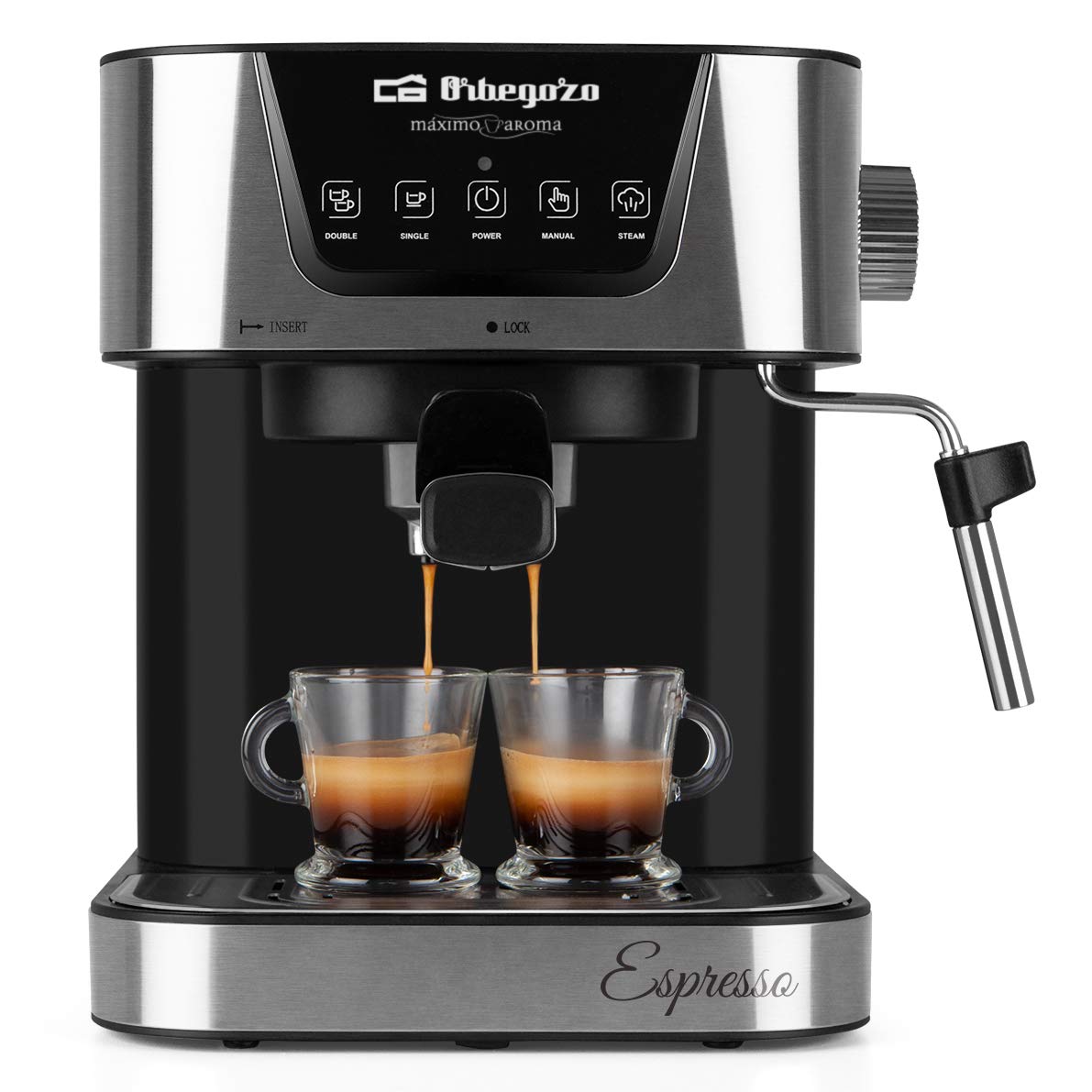 Orbegozo EX 6000, Cafetera express, 1050 W, depósito de agua extraíble 1,5 litros, 20 bar, panel control táctil, modos programados, café molido/monodosis, vaporizador, frontal inox, color plata