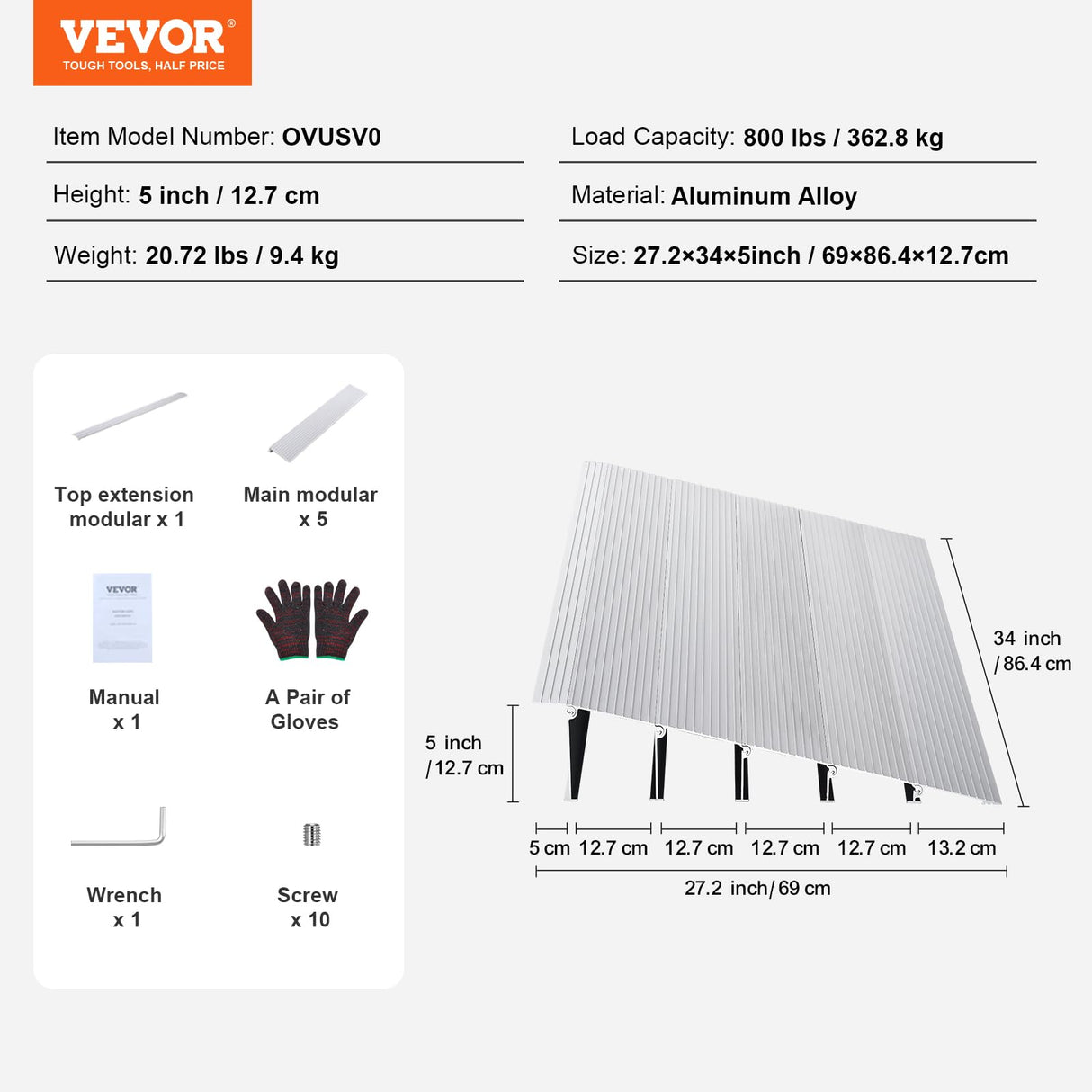 VEVOR Rampa de Umbral Altura de 12,7cm, Rampa de Aluminio para Bordillos Entrada, Capacidad de Carga de 362,8kg, Rampa Modular Ajustable de Aluminio para Sillas de Ruedas, Scooters, Sillas Eléctricas
