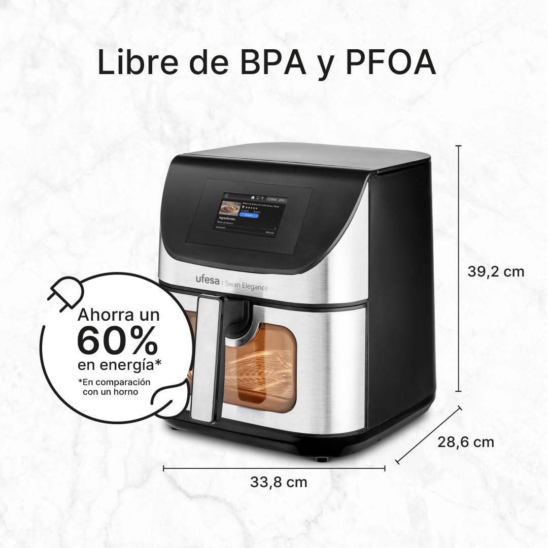 Ufesa Freidora de Aire Swan Elegance 7.5L 2200W, Pantalla Digital Interactiva TFT 4.3", App Inteligente, 10 Programas, Ventana con Luz Interior y Tecnología Air Pulse Ultra 360ºC con Doble Resistencia