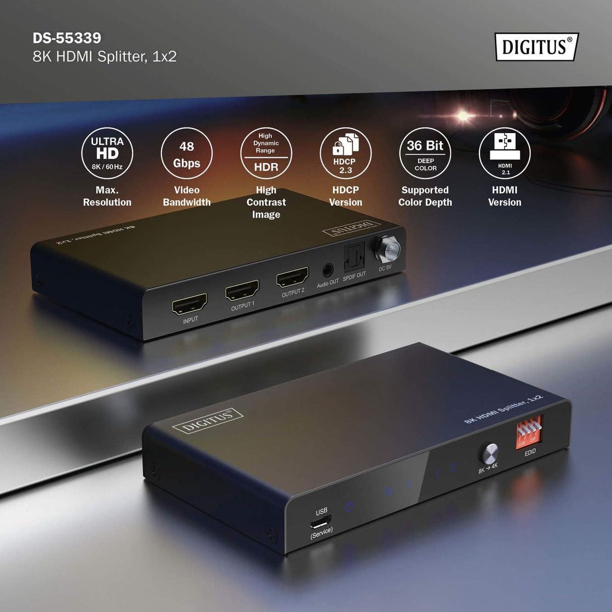 DIGITUS DS-55339 Divisor HDMI 1x2 – Entrada: 1 Puerto/Salida: 2 Puertos – UHD 8K/60 Hz HDTV: 7680 × 4320p – HDCP 2.3 & HDMI 2.1 – HDR, Deep Color, Interruptor EDID – Toslink, Estéreo (3,5 mm)