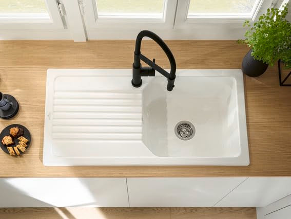 Villeroy & Boch Steel Expert Compact Window - Grifo de cocina (alta presión, montaje en ventana, ahorro de agua, altura de caño 147 mm), color negro mate