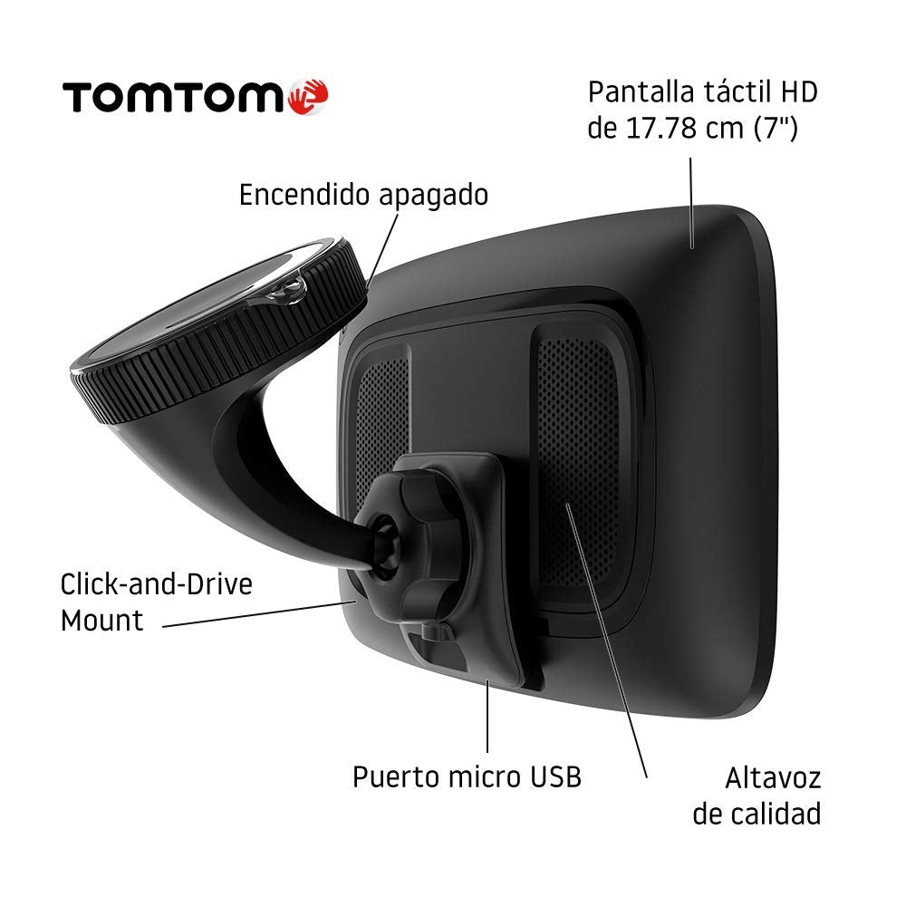 TomTom GPS para coche GO Discover, 7 pulgadas, con tráfico y radares, mapas del mundo, actualizaciones rápidas via WiFi, disponibilidad de parking, precios de combustible, soporte Click-Drive