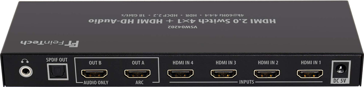 FeinTech VSW04202 HDMI 2.0 Switch Conmutador (4 entradas, 1 Salida + 1 Salida de Audio HD 7.1 Dolby Atmos 4K 60 Hz HDR)