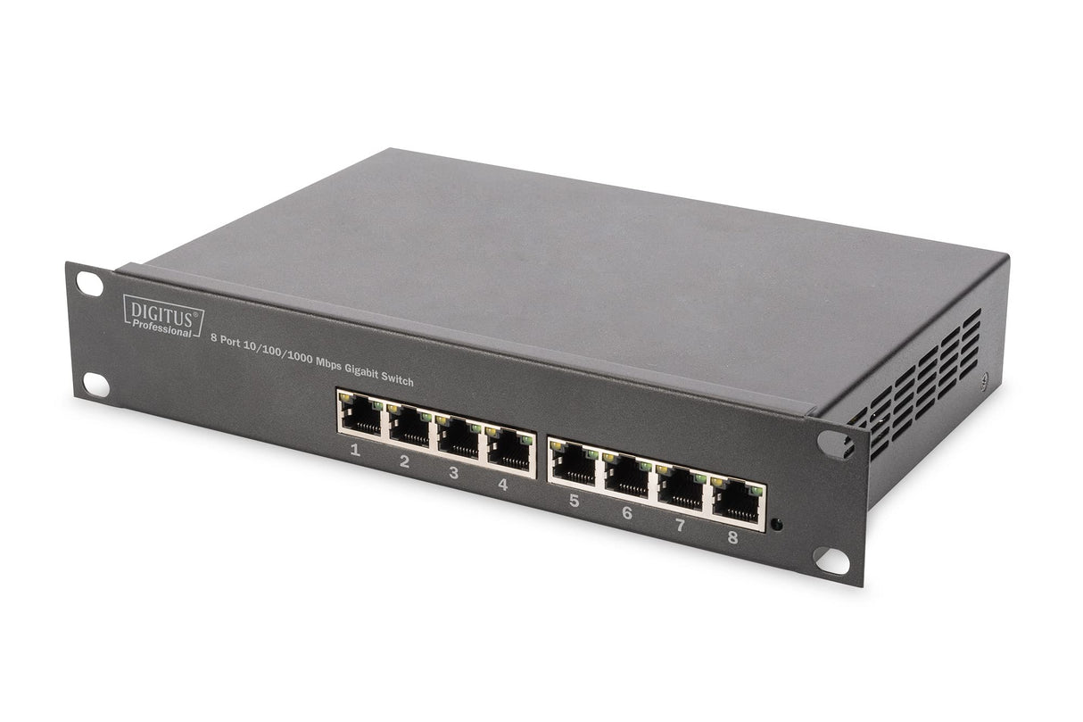 DIGITUS Juego de 10 Pulgadas - Armario de Red 12U Serie Soho Negro - Estante - regleta de enchufes - Panel de Conexiones de 8 Puertos - conmutador gigabit de 8 Puertos