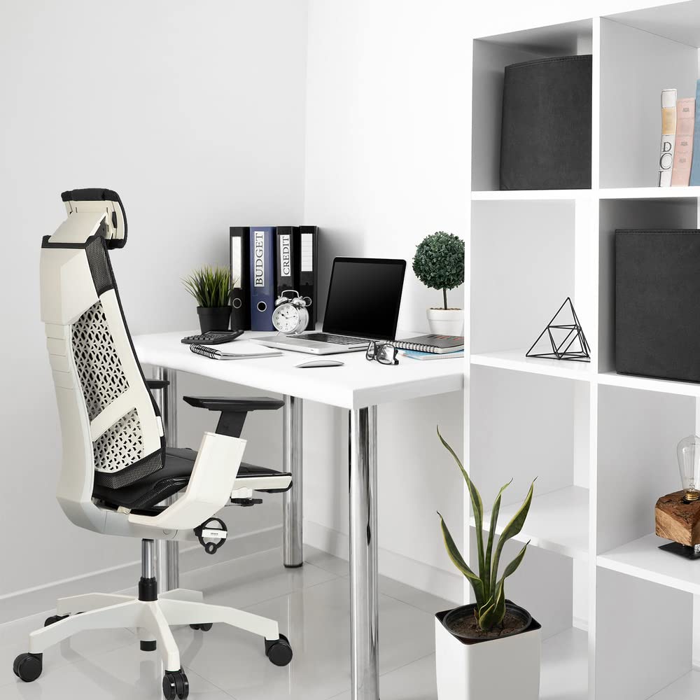 hjh OFFICE 652863 Silla de Oficina GENIDIA Pro White Cuero Negro, Silla ejecutiva ergonómica, reposabrazos y reposacabezas Ajustables