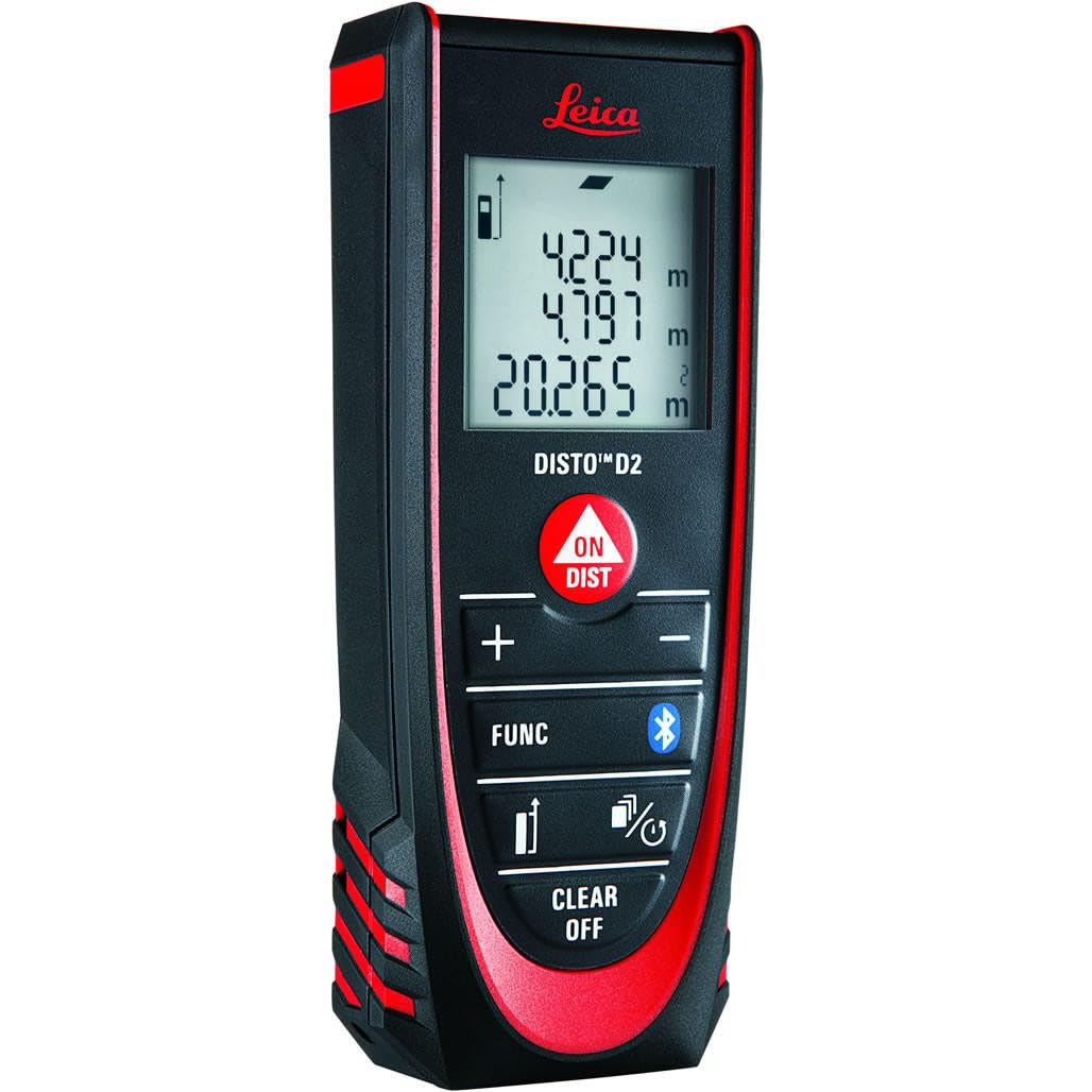 Leica DISTO D2: Medidor láser de distancia multifuncional con Bluetooth (se conecta a aplicaciones) para mediciones de distancia, área y volumen (uso en interiores y detección automática de extremo)