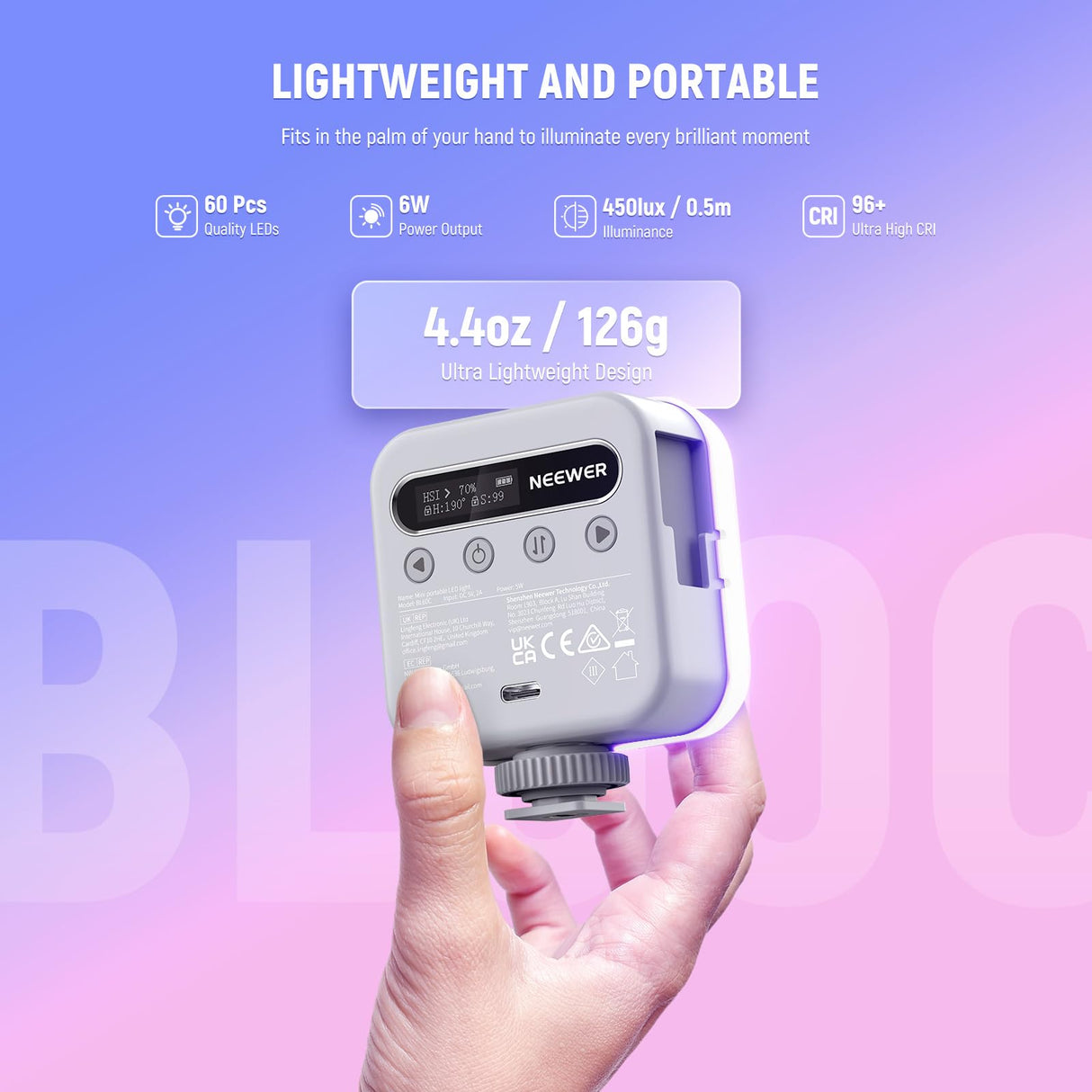NEEWER Luz de Vídeo RGB Magnética Mini Luz LED Cámara 360° Todo Color con CRI96+ 2500-9000K 18 Escenas 3 Zapata Fría y 1/4" 2000mAh Recargable Portátil Iluminación Fotografía con Trípode/Selfie,BL60C