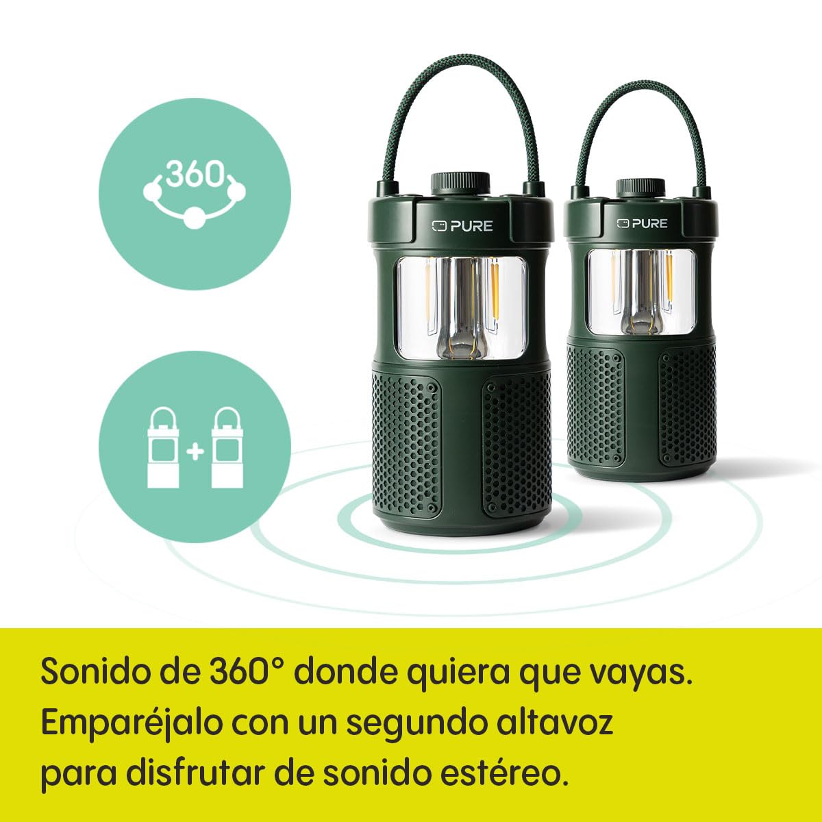 Pure Woodland Glow Altavoz Exterior con Lámpara LED (Bluetooth 5.3, Sonido de 360°, IPX6, portátil, batería de 14 Horas jardín y Camping) Verde