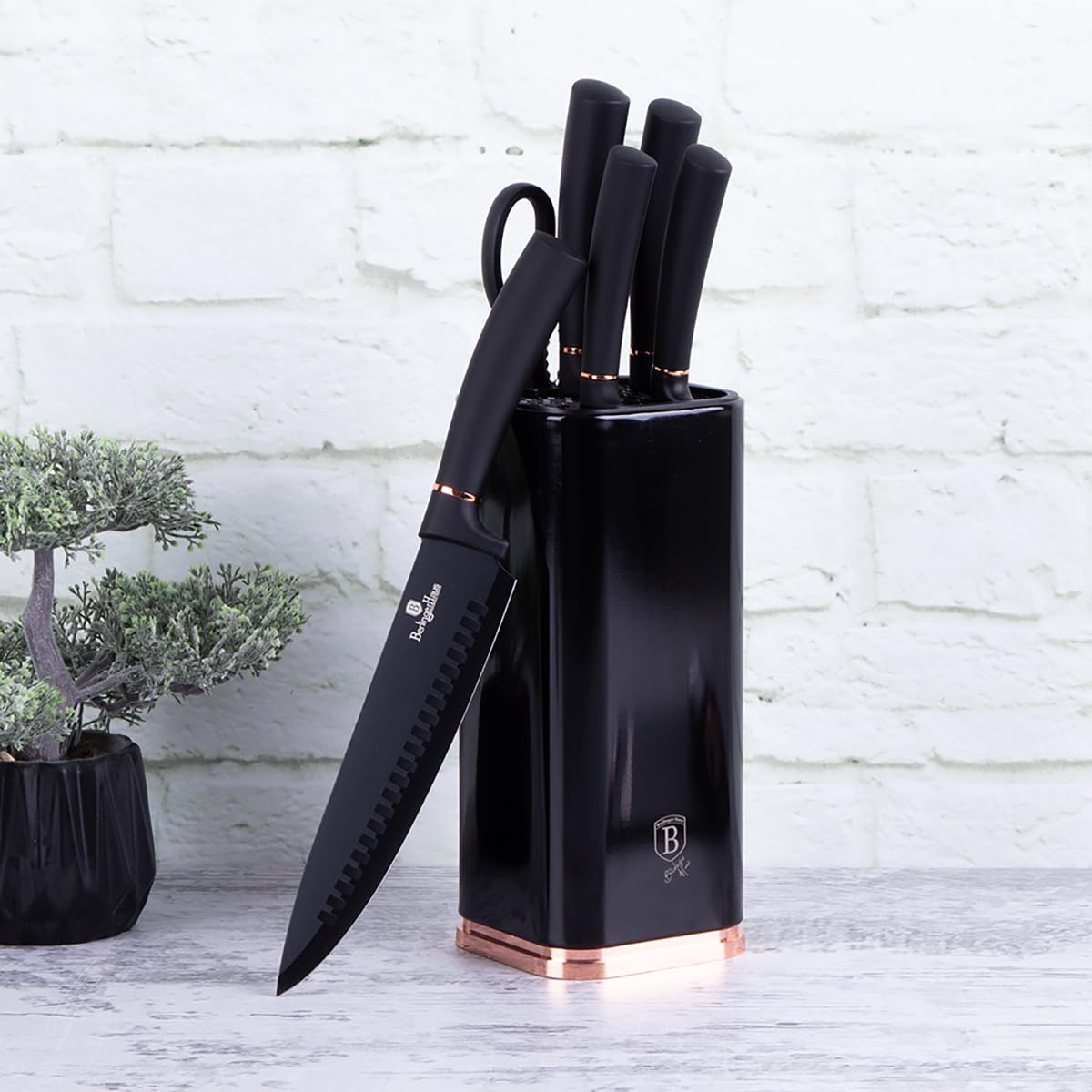 6 piezas. BERLINGER HAUS BH-2422 - Juego de cuchillos de cocina con soporte, color negro y rosa
