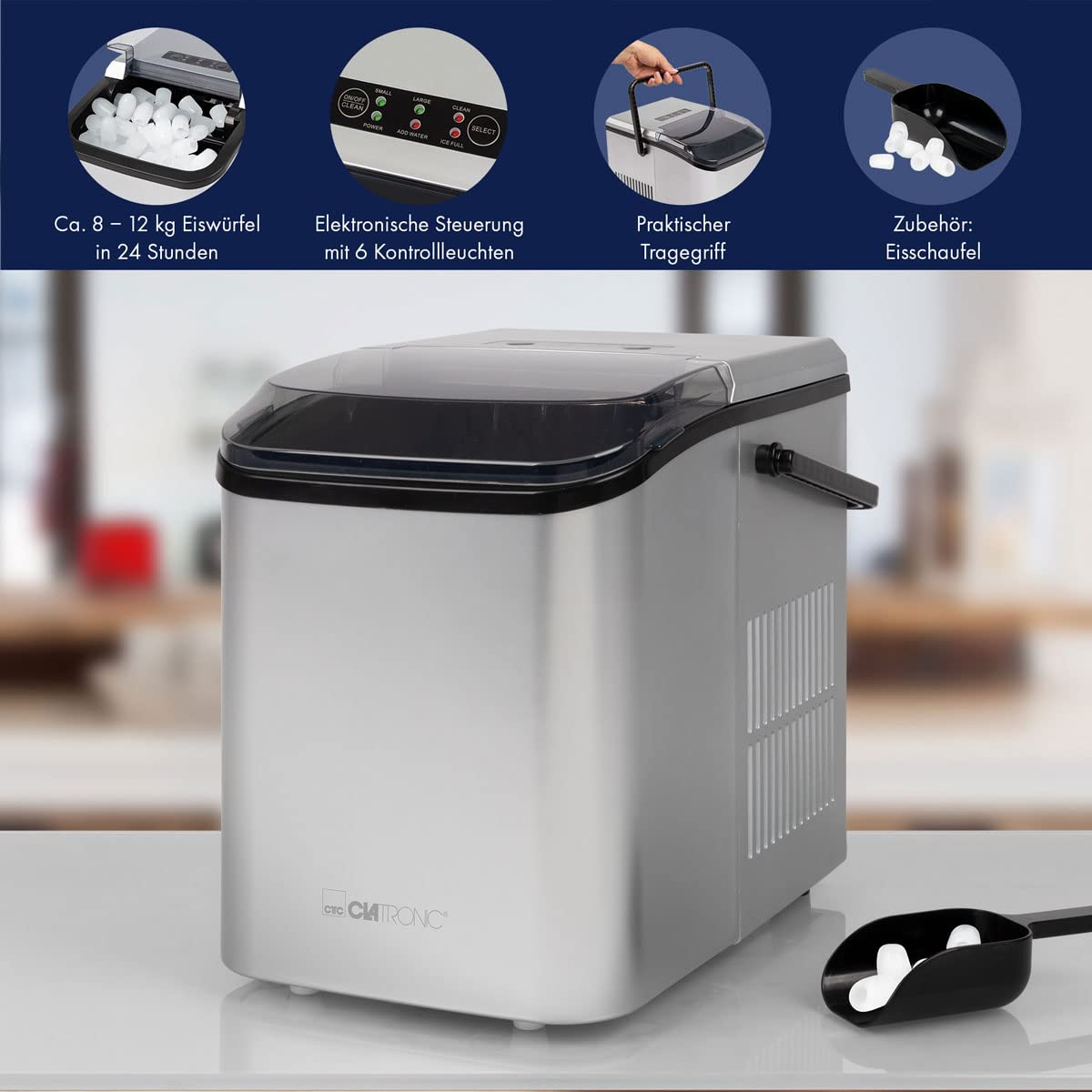 Clatronic EWB 3785 Machine à glaçon portable 12 kg/24h 105 W Noir, Argent